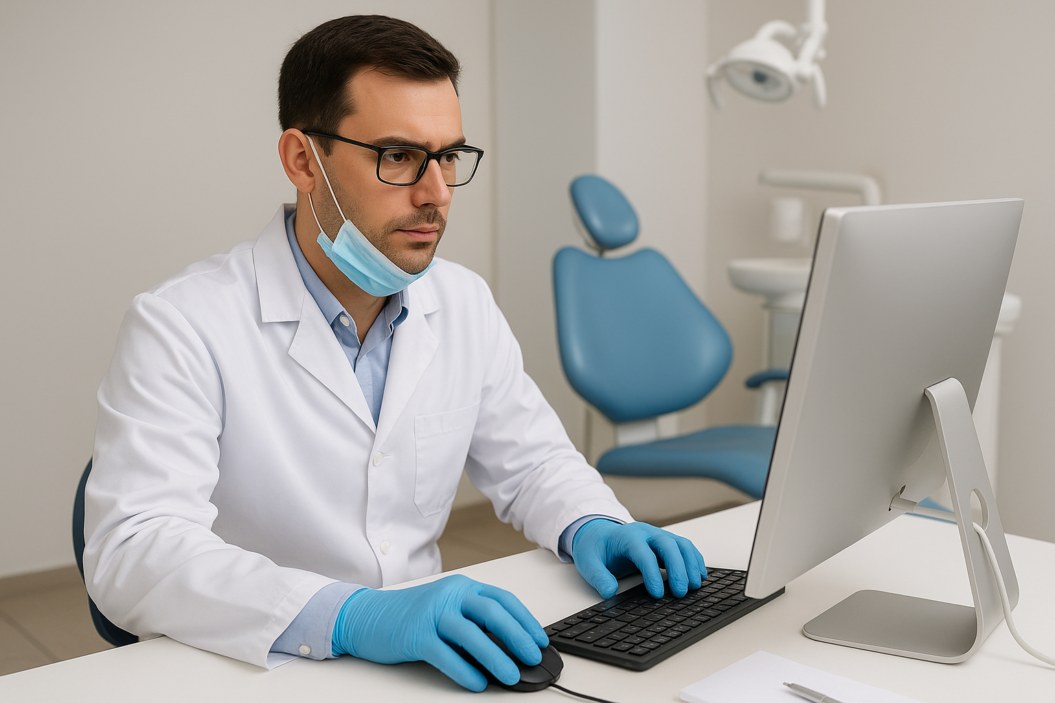 Dentista utilizando computador para gestao